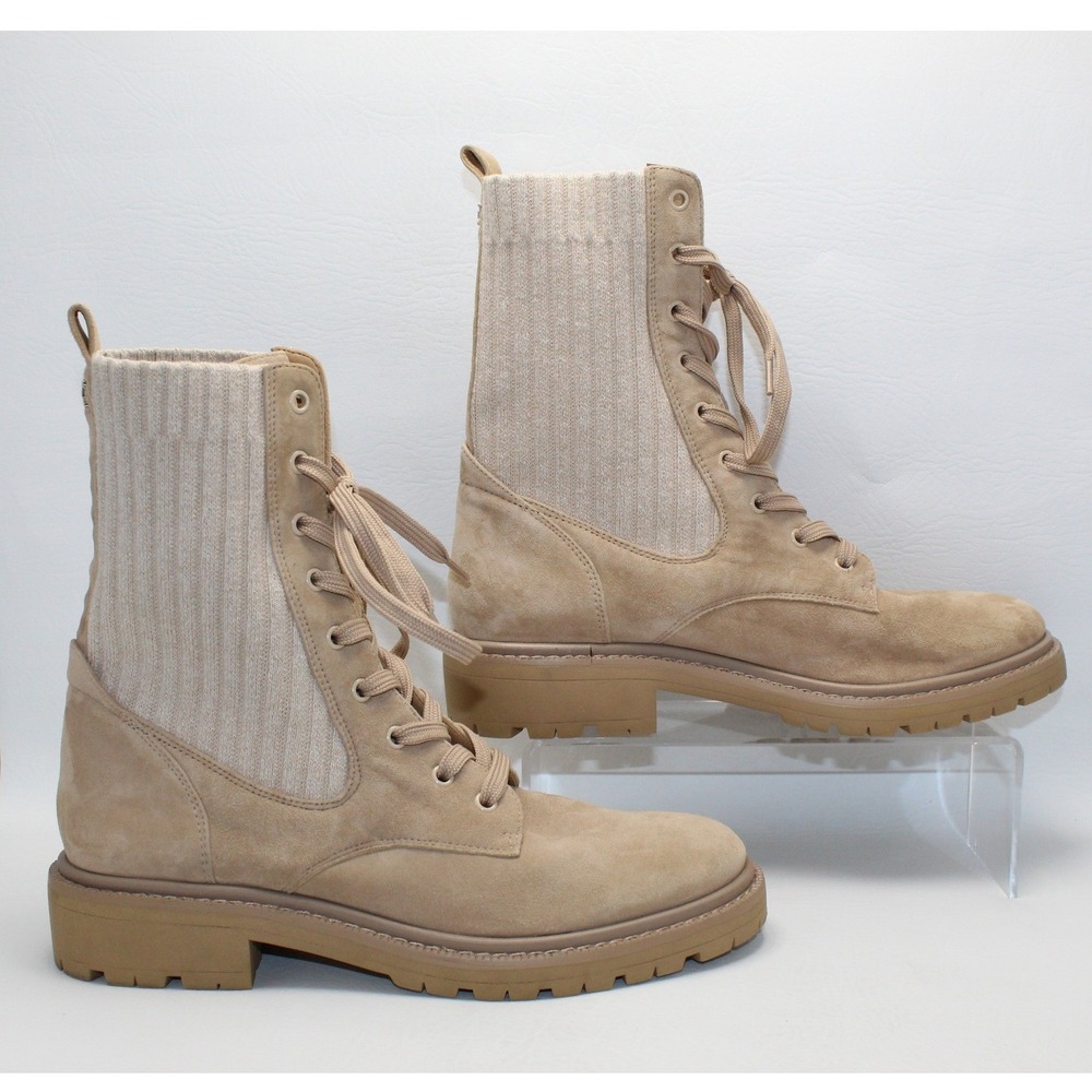 Sam Edelman Lydell Beige Suede Knit Sock Combat Boots Womens 8M Lug Sole Utility